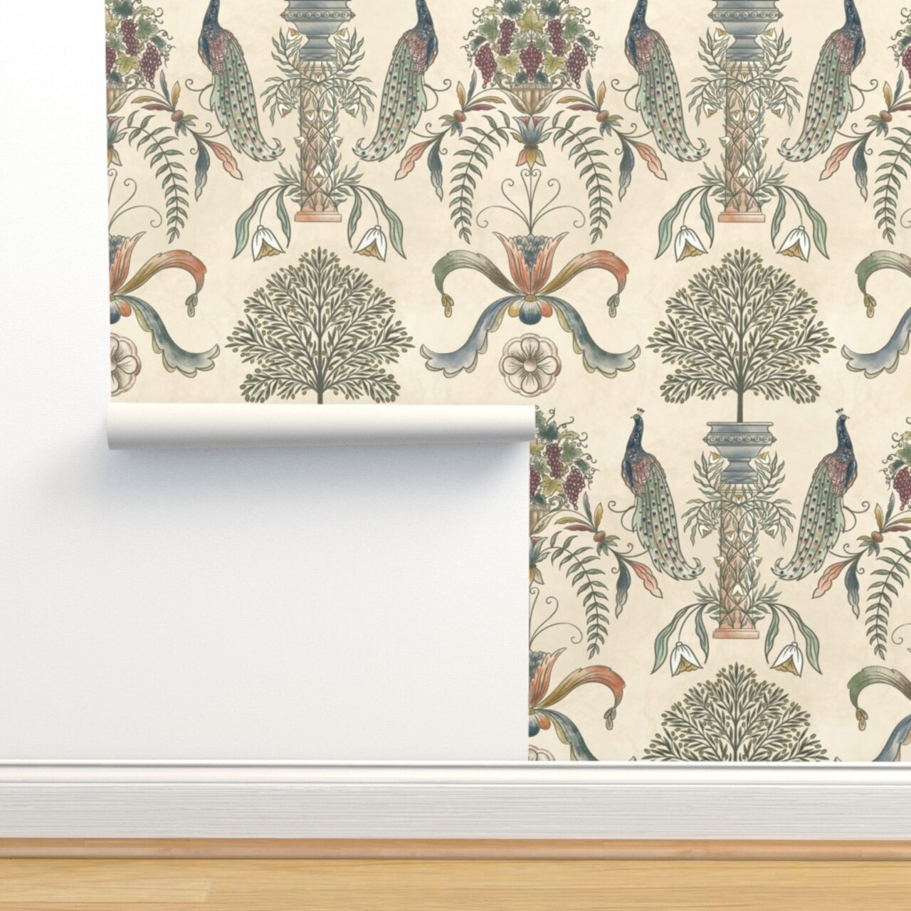 Beige Peacock Classical Italian Olives Fresco Floral Garden Botanical Vineyard Grapes Fruit Large Scale Custom Pre-pasted Wallpaper by Spoonflower Pre-Pasted Wallpaper 2FT Wide